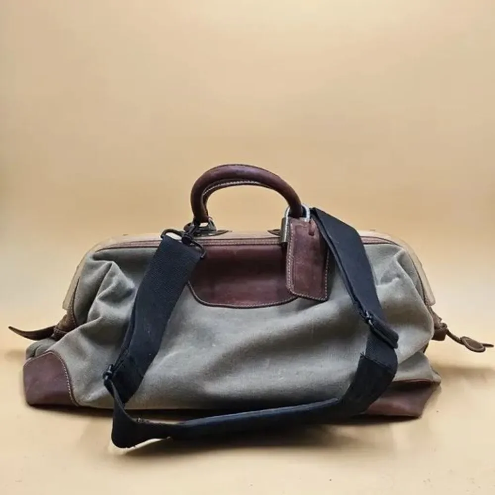 Vintage TOMMY BAHAMA Tan & Brown Leather /Canvas Doctor's Bag Style Duffel RARE